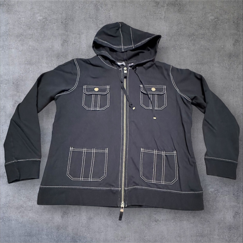 Liz Claiborne Womens XL Black Zip Up Hoodie‎ Jacket Contrast Stitch Pockets